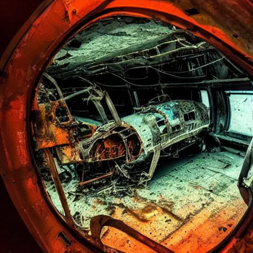 Image similar to a rusty plane crashed in the bottom on the ocean, the scene is illuminated by the light coming from the interior of the plane, through the windows