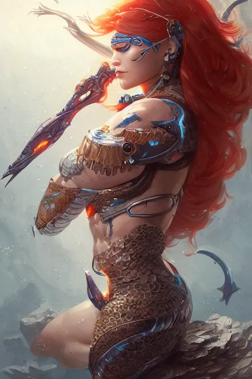 Image similar to cyborg mermaid, d & d, fantasy, portrait, highly detailed, headshot, digital painting, trending on artstation, concept art, sharp focus, illustration, art by artgerm and greg rutkowski and magali villeneuve