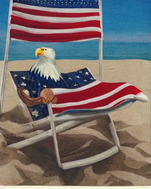 Prompt: postcard showing 'a cool bald eagle perched on a beach chair with shades and a beer bottle' laying in the sand, advertisement, american flag