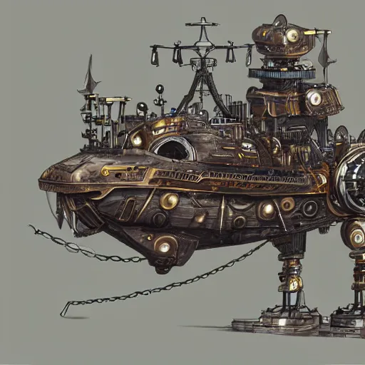 Prompt: future cybernetic steampunk pirate ship with robotic arms concept art by jung yeon min