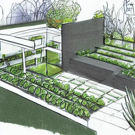 Prompt: architecture sketch of a small, modern, intimate, well-designed garden