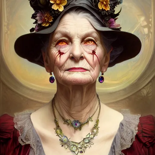 Image similar to portrait painting of an extremely fancy elderly woman with a devious expression, gaslamp fantasy, victorian, ultra realistic, concept art, intricate details, eerie, highly detailed, photorealistic, octane render, 8 k, unreal engine. art by artgerm and greg rutkowski and charlie bowater and magali villeneuve and alphonse mucha