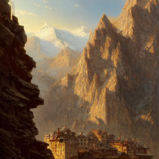 Image similar to artstation concept of a mountainous city in the rocky mountains, numerous vintage/rustic elements, bright colorful, gold, hyperdetailed, artstation trending, world renowned artists, worth1000.com, historic artworks society, antique renewel, cgsociety, by greg rutkowski, by Gustave Dore, Deviantart