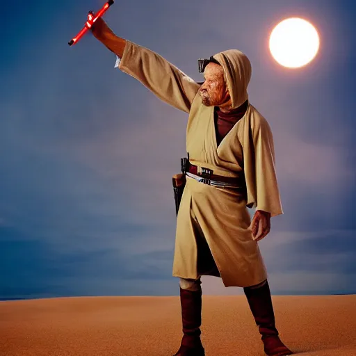 Image similar to photoshoot of comedian red foxx as obi - wan kenobi, tatooine, sunset, dunes, dewbacks, sand people, droids, star wars, photorealistic, atmospheric, photographed in the style of annie leibovitz - h 6 4 0