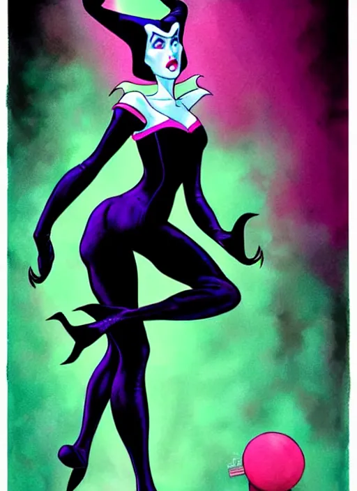 Image similar to maleficent in 1 9 8 0 s workout clothes, leotard and leg warmers, flashdance style, retro glam, digital painting by don bluth, frank cho, j scott campbell, oliva