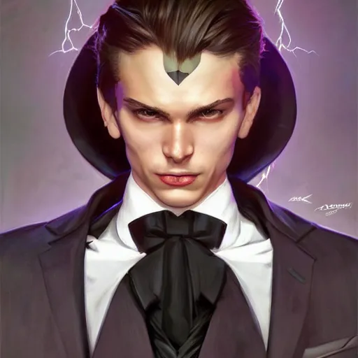 Image similar to character concept, wide angle, full body, symmetrical head - on centralized, young man with formal black suit. detailed, high quality, dynamic lightning, fantasy, scenematic. artwork by artgerm, wlop, alex ross, greg rutknowski, alphonse mucha