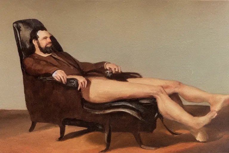 Image similar to a oil painting painting of a caucasian man wearing clothing relaxing on a brown reclined leather chair