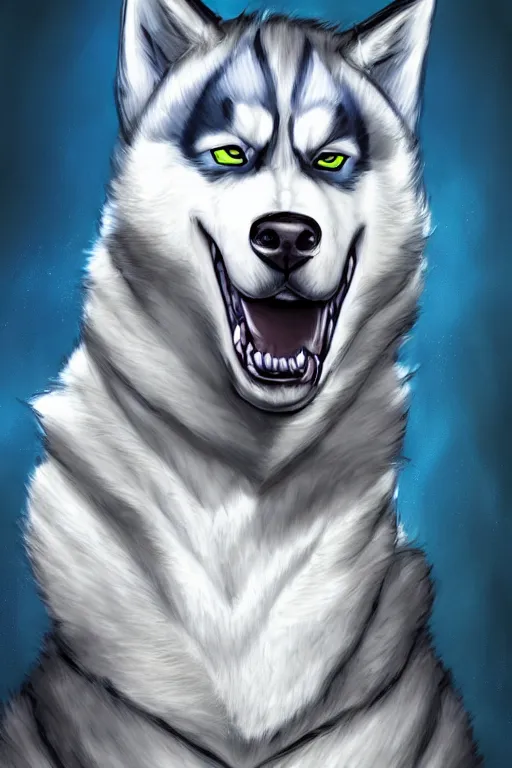 Prompt: a character design of a husky hero, portrait painting, anime, humanoid, anthropomorphic, personify, furry