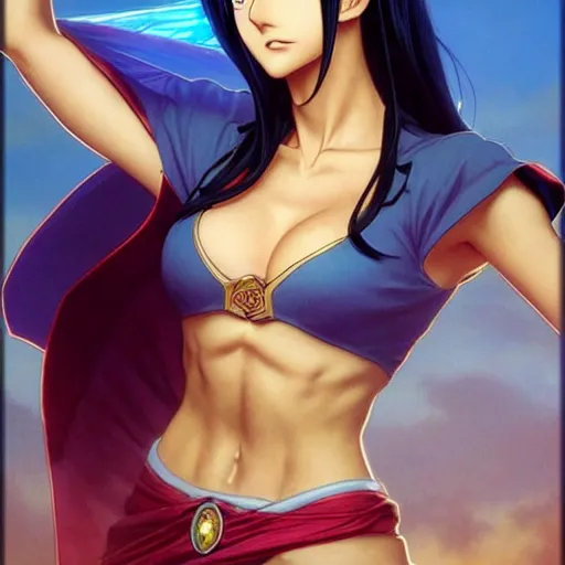 Image similar to highly detailed vfx portrait of nico robin by eiichiro oda!, makoto shinkai, alphonse mucha, sharp focus, art by artgerm and greg rutkowski!, backlit, harsh overhead sunlight, blue eyes!!, large aquiline nose!!, kaoru mori, best of behance,