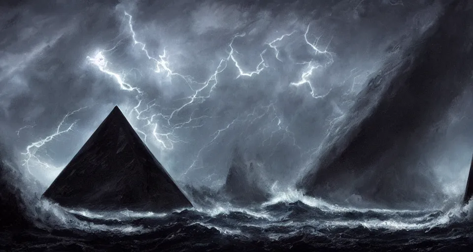 Prompt: black lovecraftian eldritch!! obsidian pyramid!! on a snowy island surrounded by raging stormy seas, with a large shadow of a creature in the background by eugene von guerard, ivan shishkin, night, red lightning!!, storm!, dramatic lighting, concept art, trending on artstation, 8 k