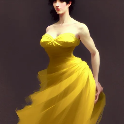 Prompt: a voluminous woman in a yellow organza dress dancing, intricate, elegant, digital painting, concept art, smooth, sharp focus, illustration, from metal gear, by ruan jia and mandy jurgens and william - adolphe bouguereau, artgerm