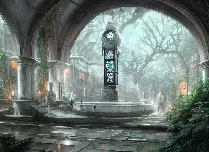 Image similar to A train subway inside a beautiful elven city made of white marble, anime, lush trees, fountain, statue, big clock, trains, a fantasy digital painting by Greg Rutkowski and James Gurney, trending on Artstation, highly detailed