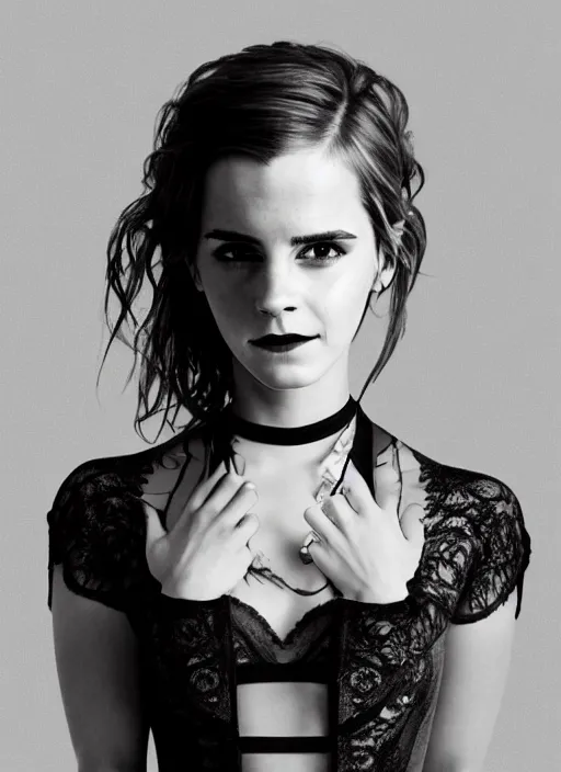 Image similar to Emma Watson for Victorian Secret, perfect face, hot summertime goth, full length shot, XF IQ4, 150MP, 50mm, f/1.4, ISO 200, 1/160s, natural light, Adobe Photoshop, Adobe Lightroom, DxO Photolab, Corel PaintShop Pro, rule of thirds, symmetrical balance, depth layering, polarizing filter, Sense of Depth, AI enhanced