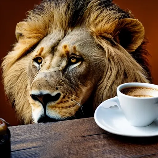 Image similar to a lion sitting on a table with a cup leaking coffee on the table next to him.