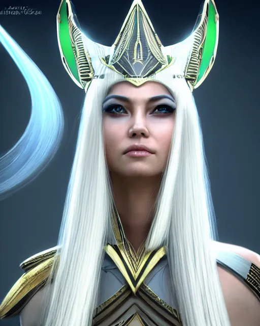 Image similar to perfect white haired attractive egyptian goddess, warframe armor, pharaoh headdress, beautiful, symmetric, dreamy, half asian, pretty face, green eyes, charlize theron, detailed, scifi platform, laboratory, experiment, 4 k, ultra realistic, epic lighting, android body, illuminated, cinematic, masterpiece, art by akihito tsukushi, voidstar