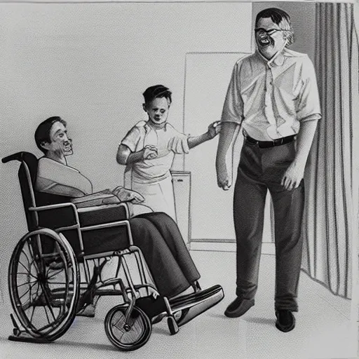 Prompt: a male patient in a wheelchair in the hospital with his wife and son standing by. happy, cheerful, smiling, cinematic lighting, art by emiliya lane, margaret dyer