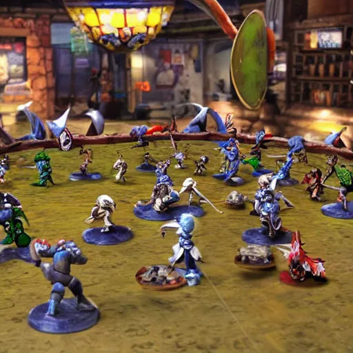 Image similar to blood bowl match in miyazaki anime, elves versus humans, intense, many casualties, dice everywhere