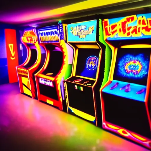 Prompt: beautiful fuzzy photograph of an empty liminal videogame arcade