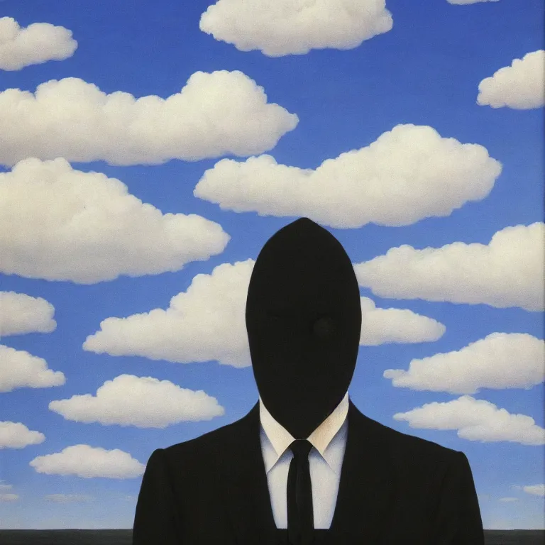 Image similar to portrait of a faceless shadow - head man in a suit, clouds in the background, by rene magritte, detailed painting, distance, middle centered, hd, hq, high resolution, high detail, 4 k, 8 k