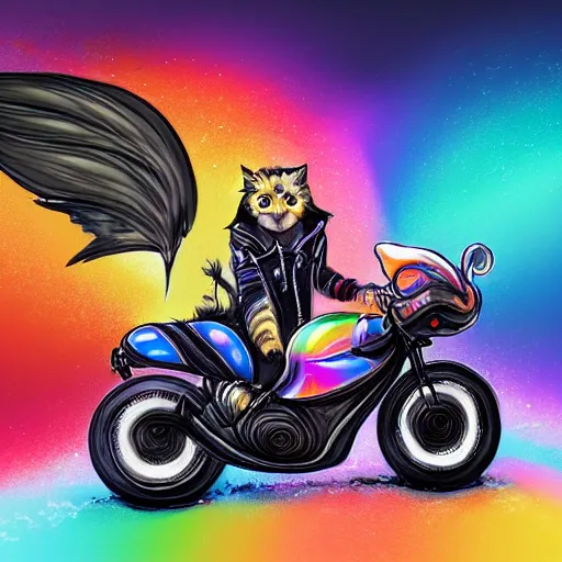 Image similar to wide angle full body, jacket wearing fluffy cute rainbow kitten wearing a black leather motorcycle jacket, riding on a motorcycle, cinematic concept art