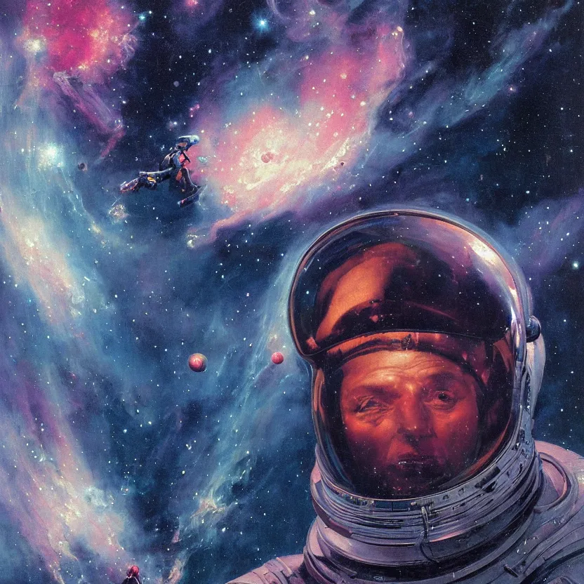 Prompt: a close - up view, renaissance portrait of a future space astronaut surrounded by nebula. deep blue and pink tones. gloomy dark black background. highly detailed fantasy science fiction portrait painting by norman rockwell, moebius, frank frazetta, and syd mead. rich colors, high contrast. artstation