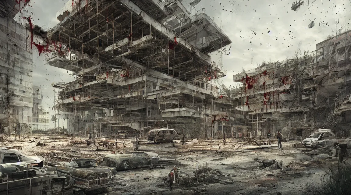 post apocalyptic hospital building, people fighting, | Stable Diffusion