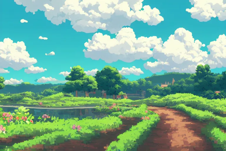 Prompt: landscape, summer, morning, beautiful cloud, quiet, no people, Anime Background, illustration, sharp focus, intricate, super wide angle, trending on artstation, trending on deviantart, pixelart, pixelperfect, pixel art, pixel, color limit, nearest neighbor, hard edges, art of Kirokaze pixel, art of Regular FHC, art of Pixel Jeff Franek, art of Aaron Hain, art of kryssalian, Eastward, Pixpil