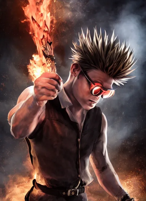 Image similar to An epic fantasy comic book style portrait painting of young man with long red spiked hair. Wearing a black waistcoat, white shirt, using googles. Blasting fire on his hands. Unreal 5, DAZ, hyperrealistic, octane render, cosplay, RPG portrait, dynamic lighting