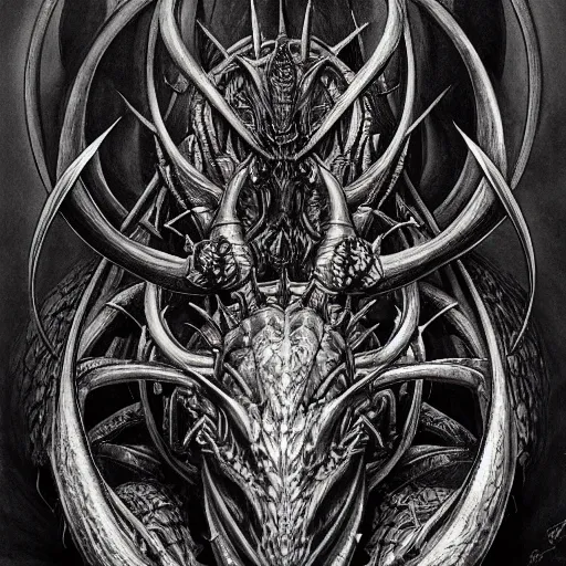 Image similar to a portrait of a dark entropy dragon, detailed, fantasy, scary, realistic, frightening, ornate, horns, spikes, incredible, masterpiece, amazing, wow!, sense of awe, award winning, greg rutowski, bosch, mc escher, dali