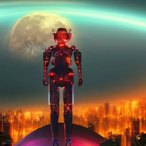 Image similar to A cyborg lady with her cat standing on her shoulders, standing on a cliff looking down at a futuristic city, with the atmosphere colored pale red, with dust particles and grains of wind blowing, and the moon is closely seen in the sky.