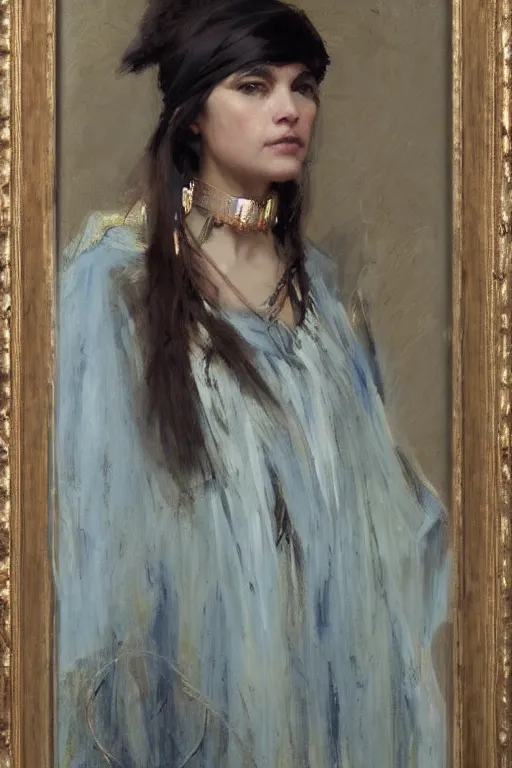 Image similar to Richard Schmid and Jeremy Lipking full length portrait painting of a young beautiful woman priestess in elaborate costume