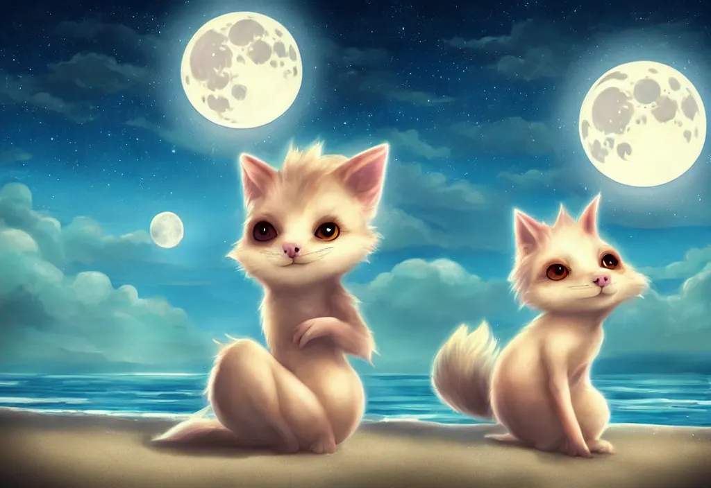 Prompt: cute magical fantasy animal at a beach looking at the moon, ultra realistic, concept art, highly detailed