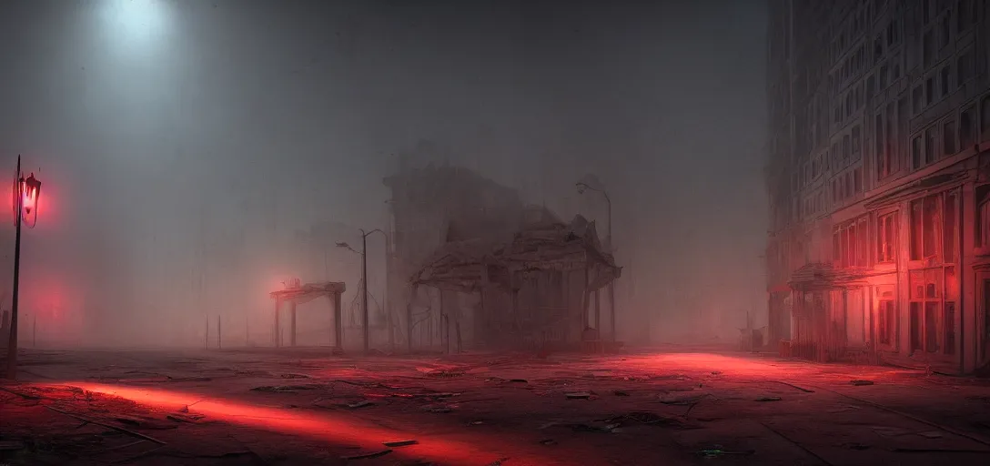 Prompt: dramatic eerie render of dark abandoned ruined city at night, accurate ray tracing, mysterious fog, glowing lights, ghostly particles, glowing red streelights, ruined remains of vehicles, ambient occlusion, unreal engine, detailed, vibrant, artstation, by dylan cole and jordan grimmer