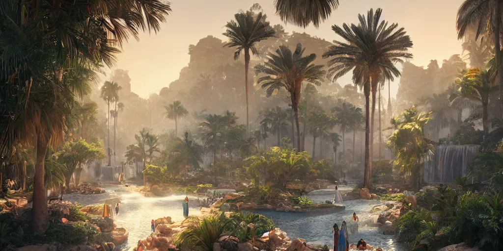 Image similar to beautiful oasis waterfalls surrounded by palm trees moroccan tile archways, date trees, ivory towers sunset peter morbacher ross tran angelarium greg rutkowski alchemy luxury heavenly light soft illumination, trending on artstation cinematic lighting digital painting octane render, artgerm