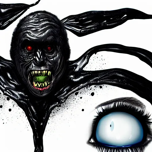 Image similar to an ooze monster with black eyes and reflective liquid, imaginary concept villian