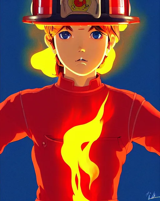 Image similar to fireman, fire helmet, flames background | | very very anime!!!, fine - face, audrey plaza, realistic shaded perfect face, fine details. anime. realistic shaded lighting poster by ilya kuvshinov katsuhiro otomo ghost - in - the - shell, magali villeneuve, artgerm, jeremy lipkin and michael garmash and rob rey