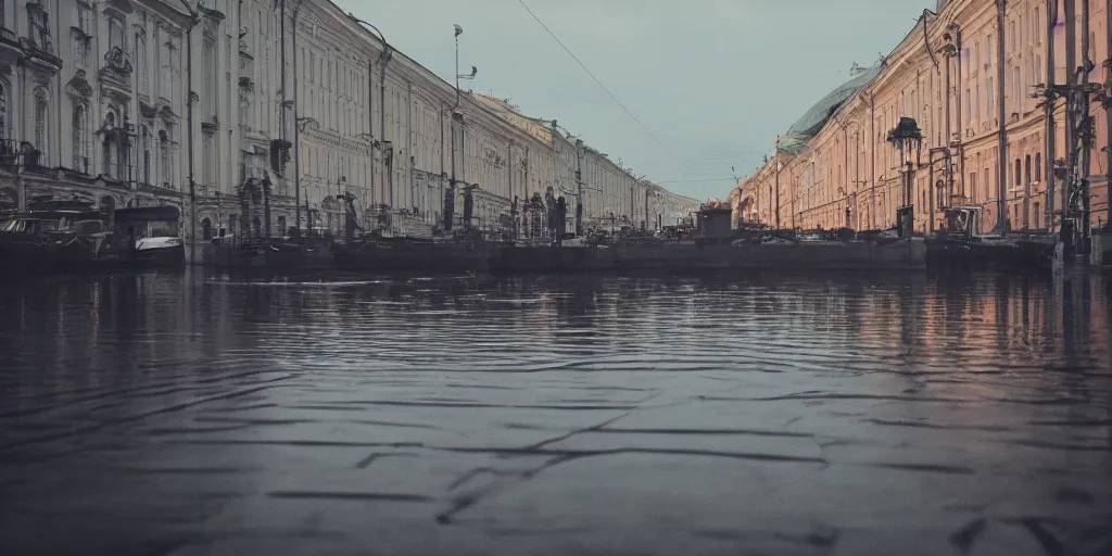 Image similar to cinematic street shot of a floating saint petersburg city, telephoto, anamorphic cinematography, beautiful composition, color theory, leading lines, photorealistic, moody volumetric lighting