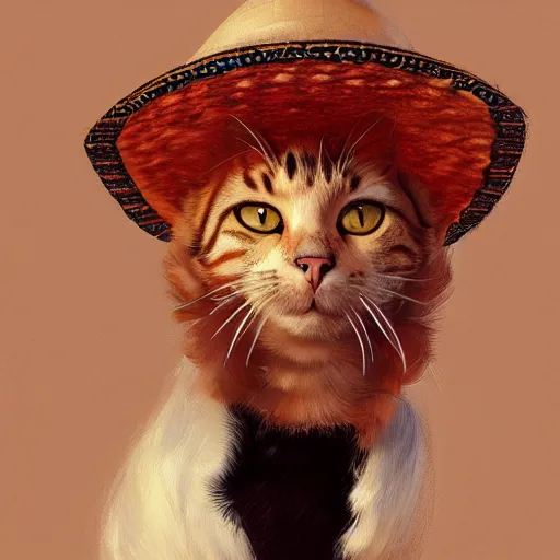 Image similar to a well designed portrait of a cat wearing a sombrero, detailed, realistic, sketch style, artstation, greg rutkowski, 8 k resolution.