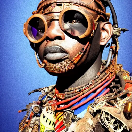 Image similar to colourful vfx upper half - portrait - art of a african tribal chief wearing steam punk goggles, art by utagawa kunisada & james jean, symmetrical, intricate detail, concept art, volumetric light, ray tracing, caricature, digital illustration, octane 3 d render, unreal engine, sharp, 8 k post process, pinterest, behance, art station,