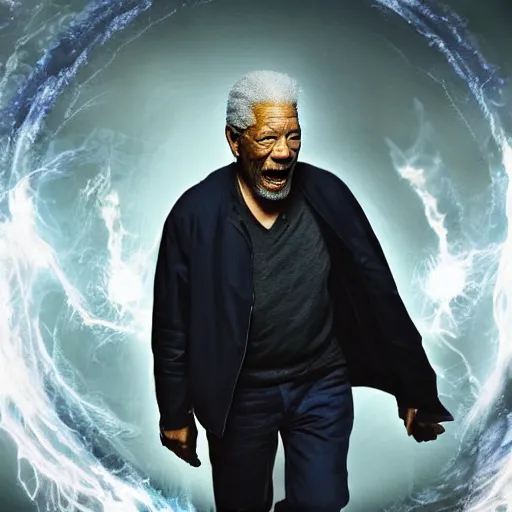 Image similar to morgan freeman powers up to super saiyan