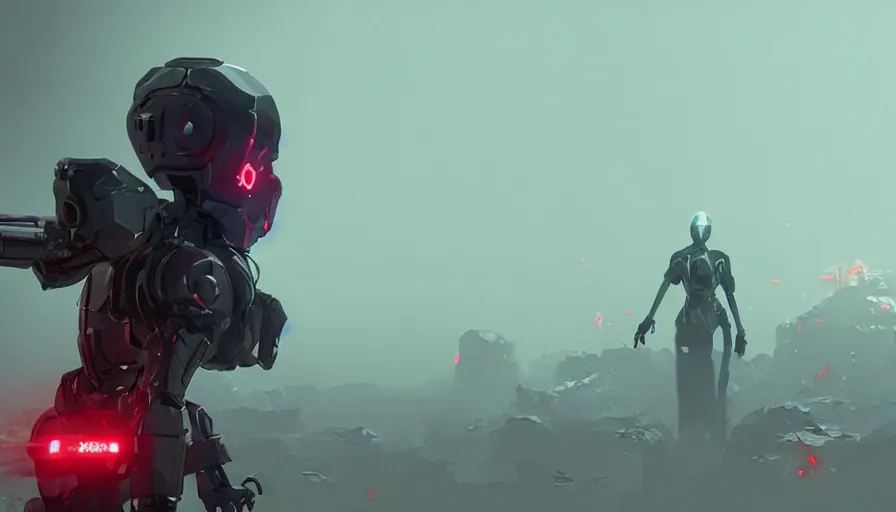 Image similar to concept art of love death + robots, artificial intelligence, jama jurabaev, greig fraser, roger deakins, cinematic shot, trending on artstation, high quality, brush stroke