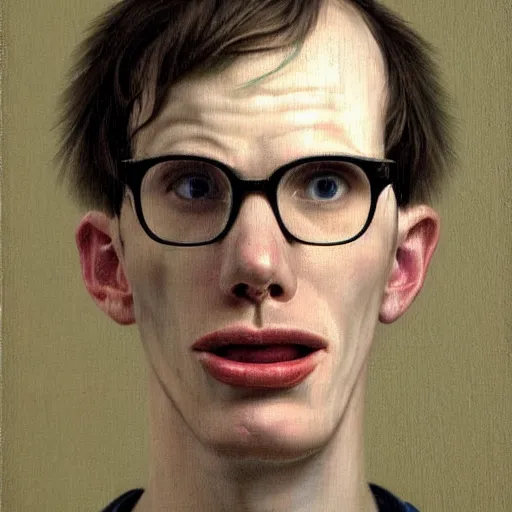 Image similar to A 17th century Baroque Painting of iDubbbz, grainy, realistic, hyperrealistic, very realistic, very very realistic, highly detailed, very detailed, extremely detailed, detailed, digital art, trending on artstation, detailed face, very detailed face, very detailed face, realism, HD Quality, 8k resolution, intricate details, body and head in frame, painting, oil painting, trending on deviantart, Baroque Painting