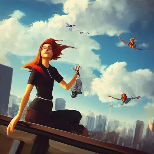 Image similar to spuergirl flying, cityscape, cloud day, artstation, 8 k