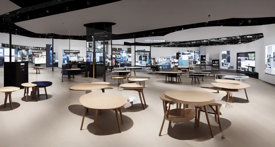Image similar to A flagship Samsung store. black walls. timber floor. high ceilings with spots. wood furniture with large digital screen. display tables with phones and tablets, pots with plants, digital screens on the walls, Architectural photography. 14mm. High Res 8K. award winning architectural design, inspired by Arne Jacobsen, Niels Otto Møller, Verner Panton, Scandinavian Design, Retaildesignblog.net, warm and happy, inviting