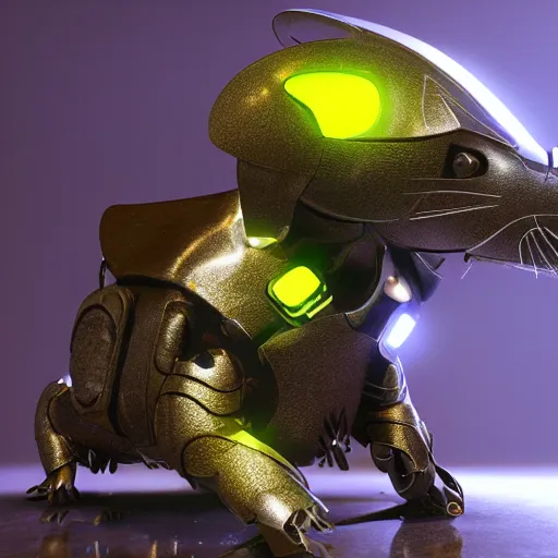 Prompt: Cybernetic rat with glowing metallic armor, photorealistic, unreal engine, detailed