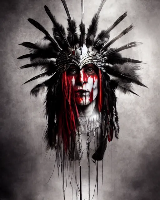 Image similar to the ghost - spirit of the grim - warpaint wears the scarlet skull armor and native blood headdress feathers, midnight fog - mist!, dark oil painting colors, realism, cinematic lighting, various refining methods, micro macro autofocus, ultra definition, award winning photo, photograph by ghostwave - gammell - giger - shadowlord