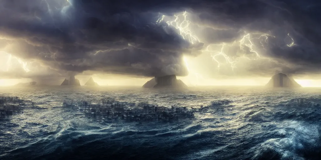 Image similar to a submerged city by james paick, extreme torrential stormy waves, hurricane, matte painting, god rays, 1 5 mm lens, early morning, dramatic lighting, cinematography, game environment design, cinematic, global illumination, highly detailed, bloom