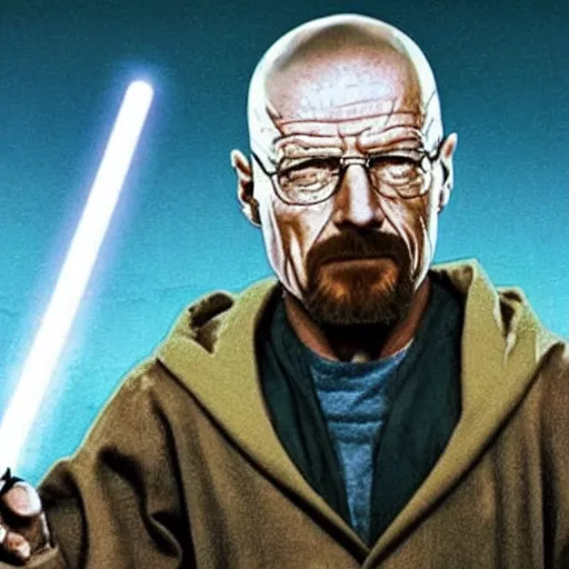 Prompt: realistic photo of walter white as a jedi from star wars, using jedi clothes and with a lightsaber