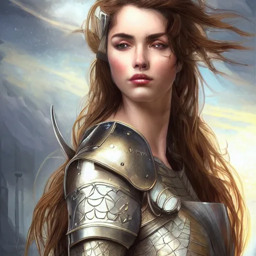 Prompt: a portrait of an attractive young woman, clothed in battle armor, olive skin, long dark hair, beautiful bone structure, symmetrical facial features, intricate, elegant, highly detailed, digital painting, trending on Artstation, concept art, smooth, sharp focus, illustration, in the style of artgerm and alphonse mucha