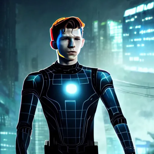 Prompt: tom holland as an android, cyberpunk, dream sequence, lonely, concept art, smooth, high quality